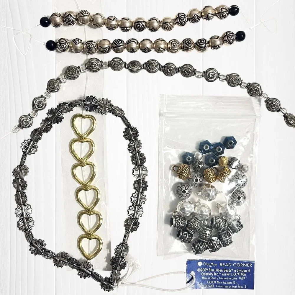LOT Metallic Beads Jewelry Making Silver Tone Goldtone Mix Hearts Spacers Crafts